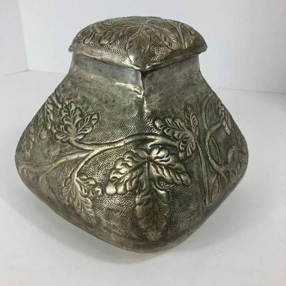 Ornate Indian Handtooled White Brass Flat Top Triangular Pot Lid Made in India 6